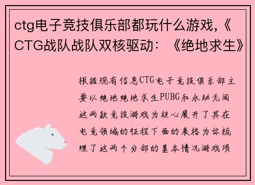 ctg电子竞技俱乐部都玩什么游戏,《CTG战队战队双核驱动：《绝地求生》与《永劫无间》的双重征途》 